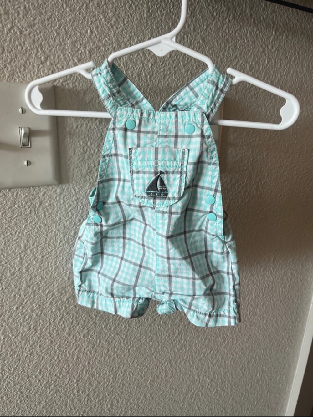 Carter's Mint Plaid Sailboat Pocket Overalls